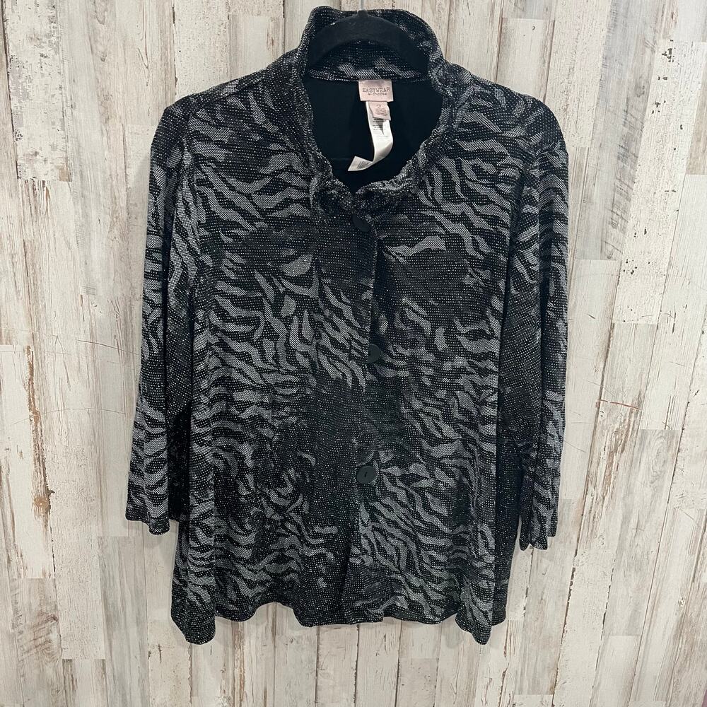 Easy wear by Chicos Black Shimmer Button Front Top 3/4 Sleeve Loose Fit Size 2/L